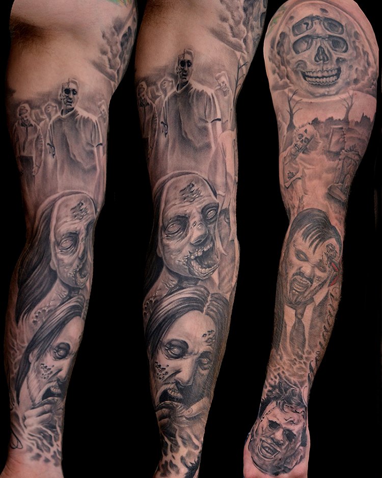 derekzombiesleeveafter Black and Grey Zombie Sleeve Tattoo by Jonathan Gilbert